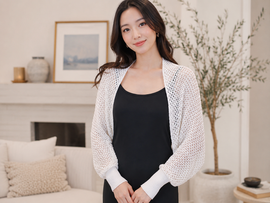 White Open-Knit Dolman Sleeve Shrug Cardigan | Lightweight Women’s Layering Sweater