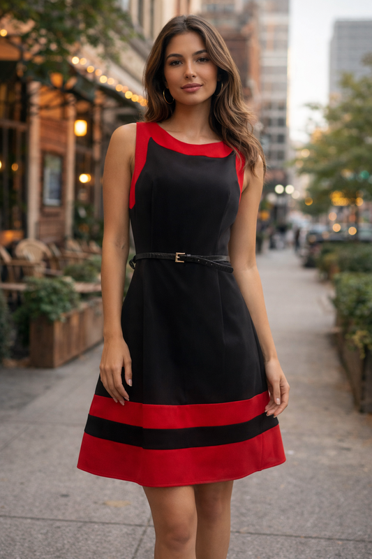 Red & Black Colorblock Fit-and-Flare Dress | Elegant Sleeveless Statement Dress