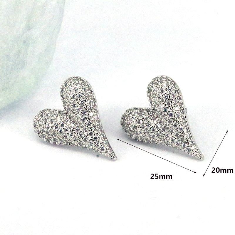 Rhinestone Heart Earrings - Silver