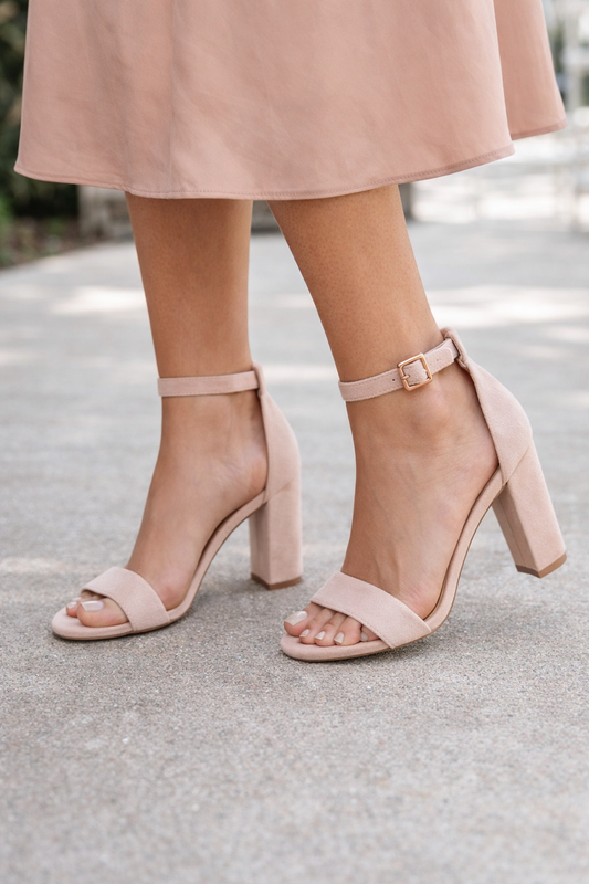 Nude Suede Block Heel Ankle Strap Sandal – Dressy Comfort Heel for Women