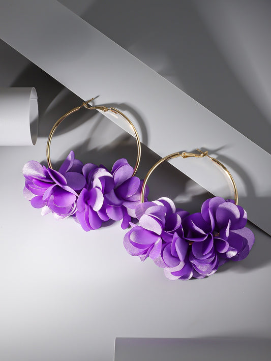 Floral Hoop Earrings -Purple