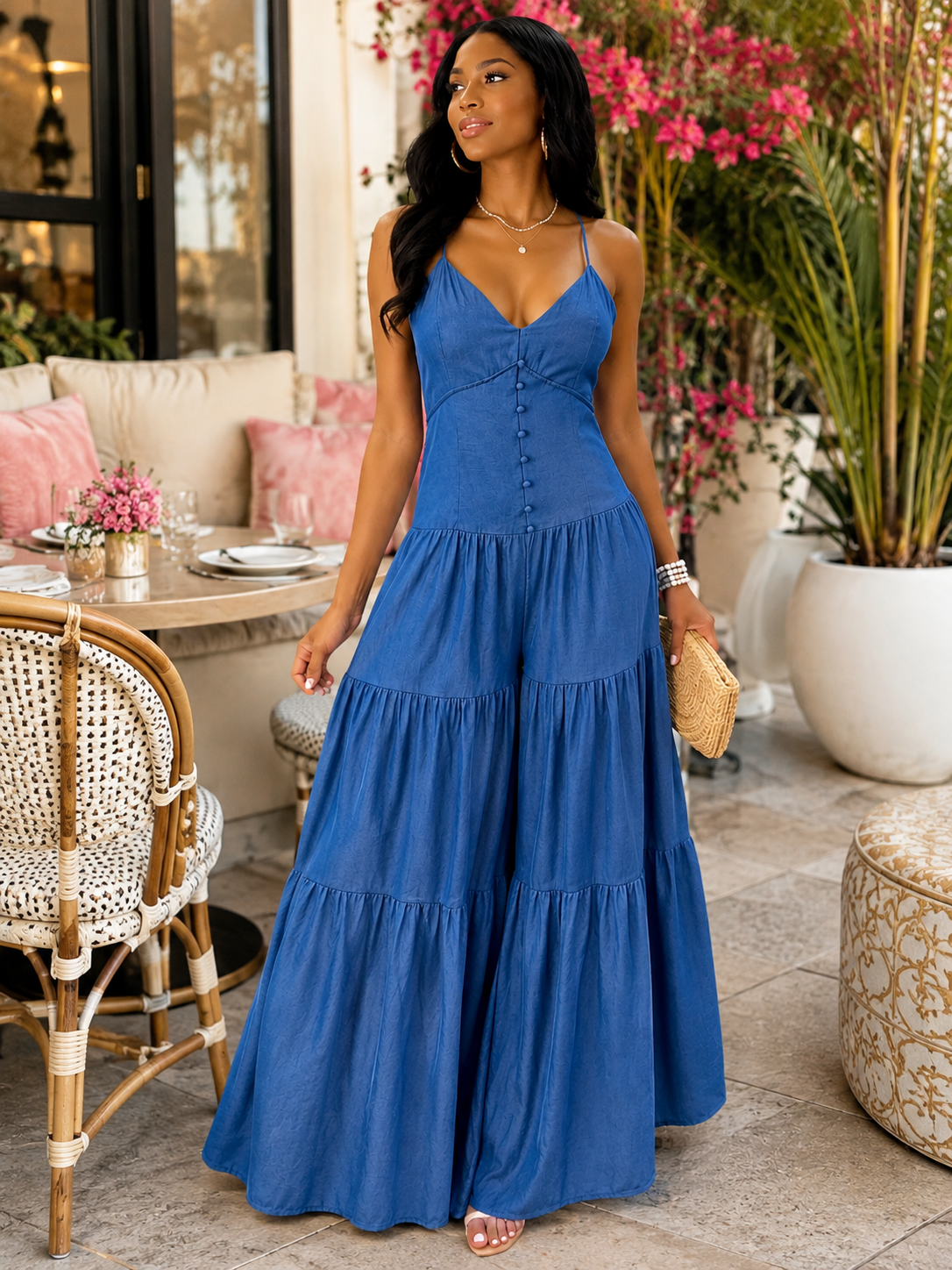 Women’s Denim Wide-Leg Jumpsuit – Spaghetti Strap Tiered Palazzo Jean Jumpsuit