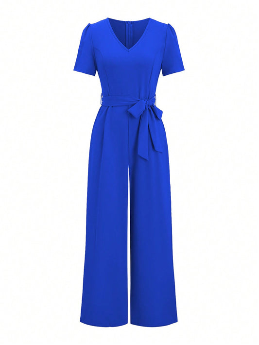 V-Neck Short Sleeve Jumpsuit - Royal Blue