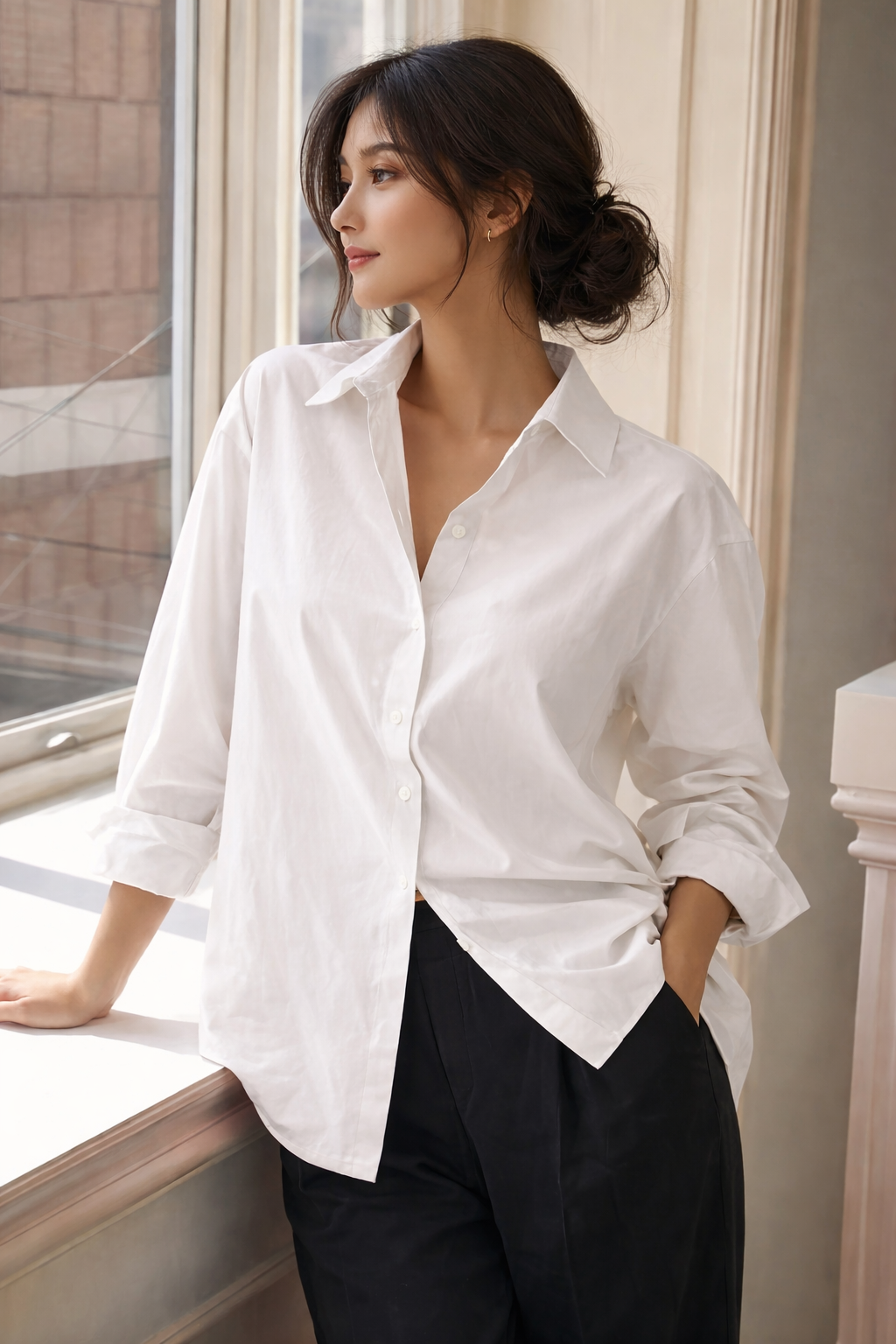 Women’s Oversized White Button-Down Shirt – Relaxed Fit Collared Blouse for Work & Casual Chic