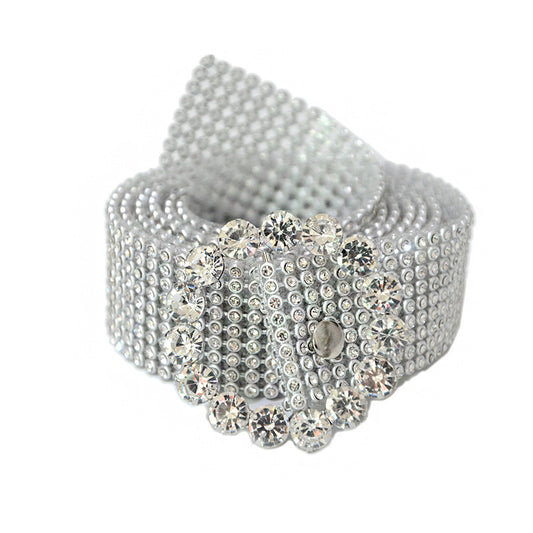 Crystal Rhinestone Statement Belt – Wide Silver Glam Waist Belt with Embellished Buckle