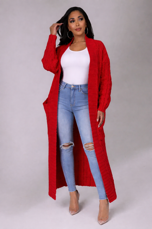 Cable knit Duster Cardigan -Red