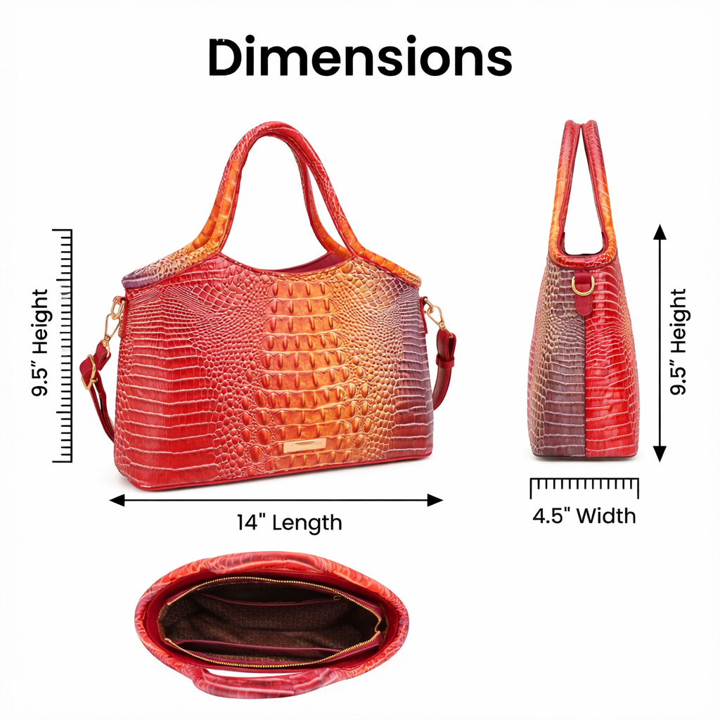 Croc Embossed Satchel Handbag Set with Matching Zip Wallet Structured Statement Purse -Fuschia