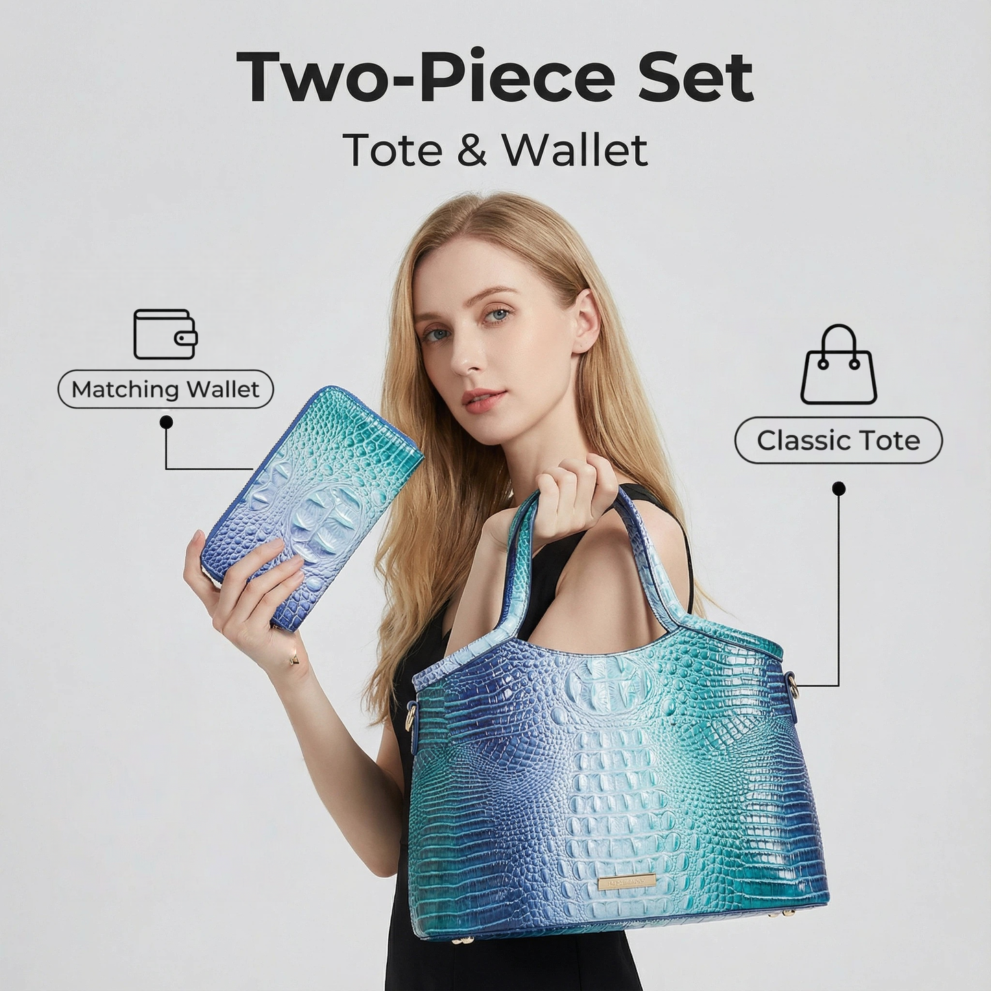 Croc Embossed Satchel Handbag Set with Matching Zip Wallet Structured Statement Purse - Blue