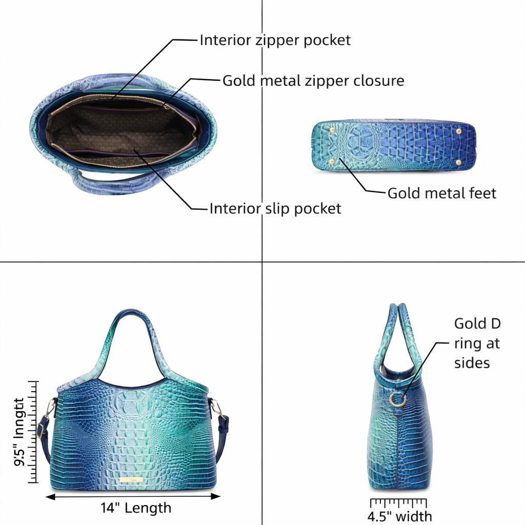 Croc Embossed Satchel Handbag Set with Matching Zip Wallet Structured Statement Purse - Blue