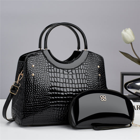 Two-Piece Croc Embossed Handbag & Pouch Set Black