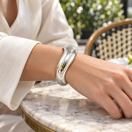 Silver-Tone Sculptural Wave Hinged Bangle Bracelet for Women