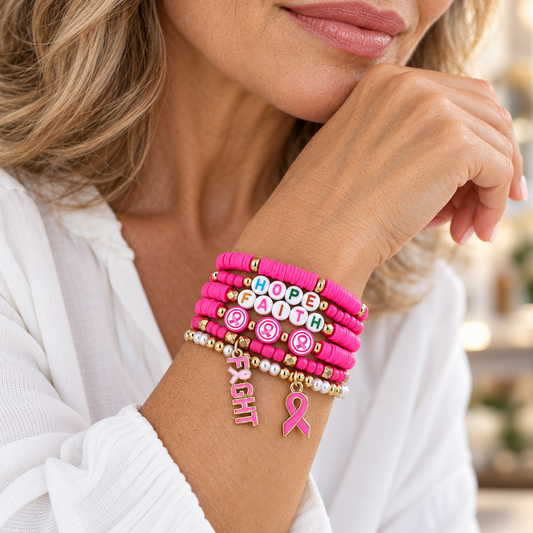 Pink Ribbon “Hope, Faith, Fight” Awareness Bracelet Set – 6-Piece Stackable Beaded Bracelets