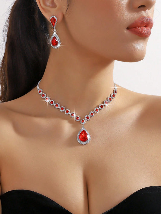 Ruby Inspired Rhinestone Necklace & Earring Set -Red