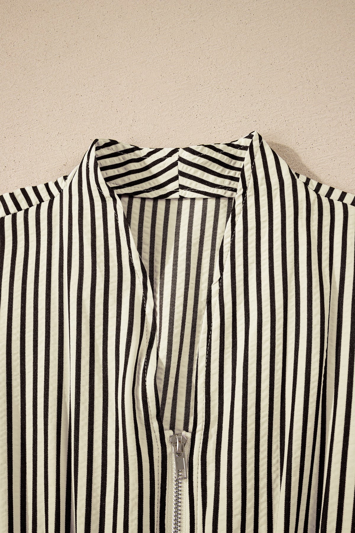 Timeless Elegance Black & Ivory Striped Zip Front Midi Dress with Smocked Waist