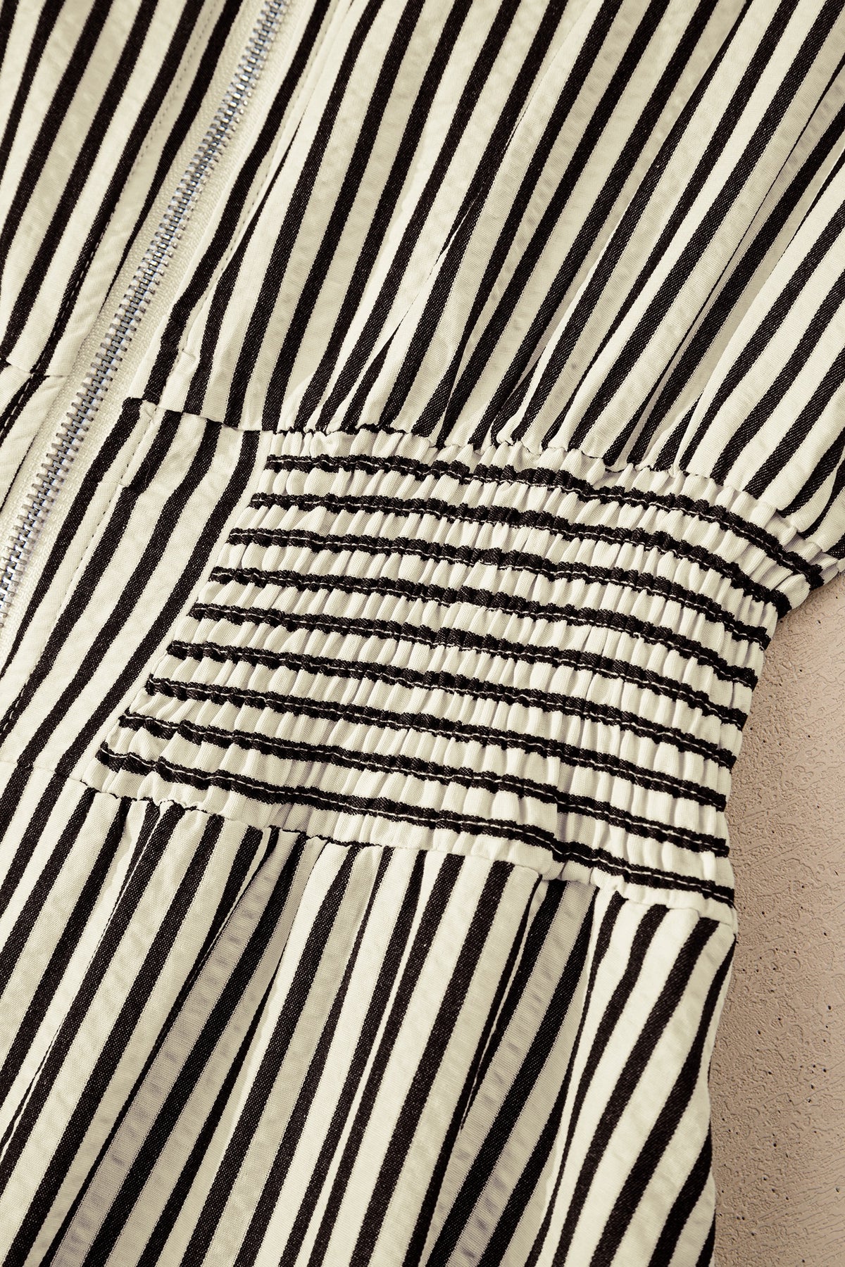 Timeless Elegance Black & Ivory Striped Zip Front Midi Dress with Smocked Waist