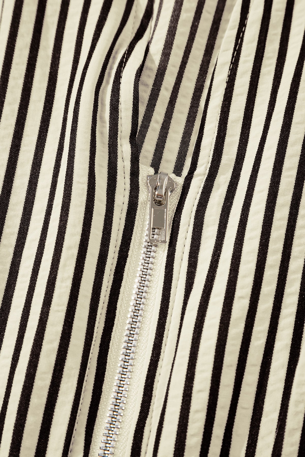 Timeless Elegance Black & Ivory Striped Zip Front Midi Dress with Smocked Waist