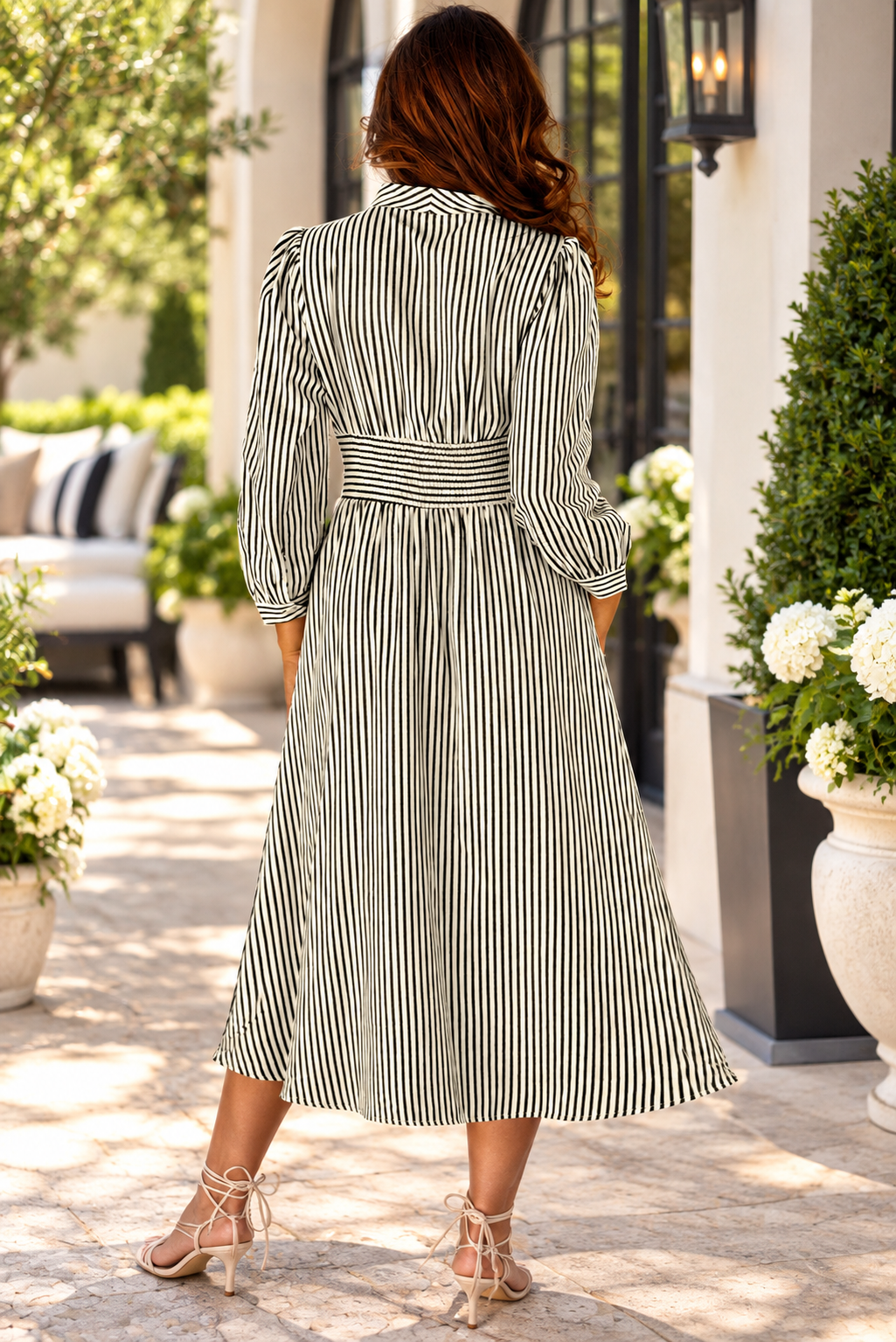 Timeless Elegance Black & Ivory Striped Zip Front Midi Dress with Smocked Waist