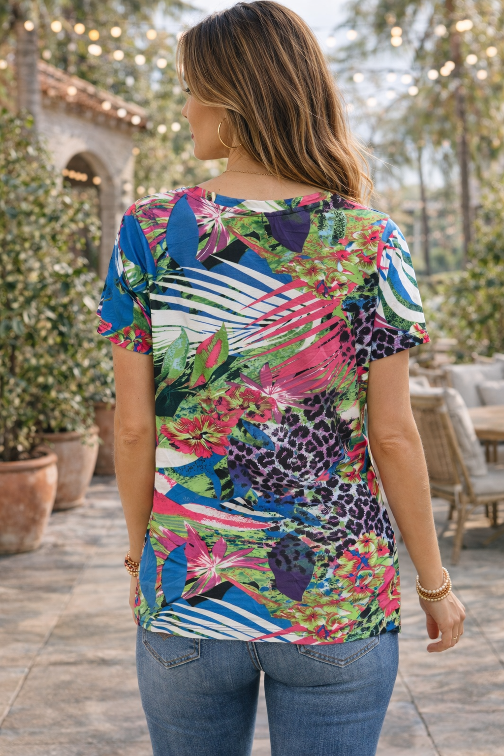 Vibrant Tropical Floral Short Sleeve V-Neck Top – Bold Summer Print Blouse for Women