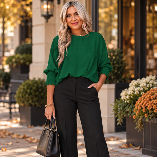 Emerald Green Smocked Sleeve Blouse – Flowy Relaxed Fit Women’s Top