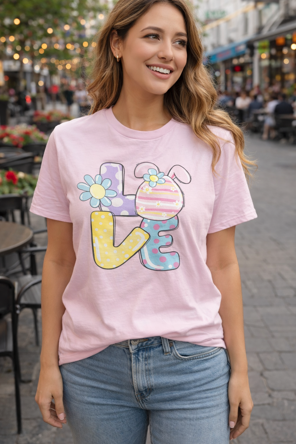 Pastel Easter Bunny LOVE Graphic Tee – Cute Spring Graphic T-Shirt for Women