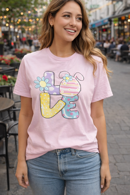 Pastel Easter Bunny LOVE Graphic Tee – Cute Spring Graphic T-Shirt for Women