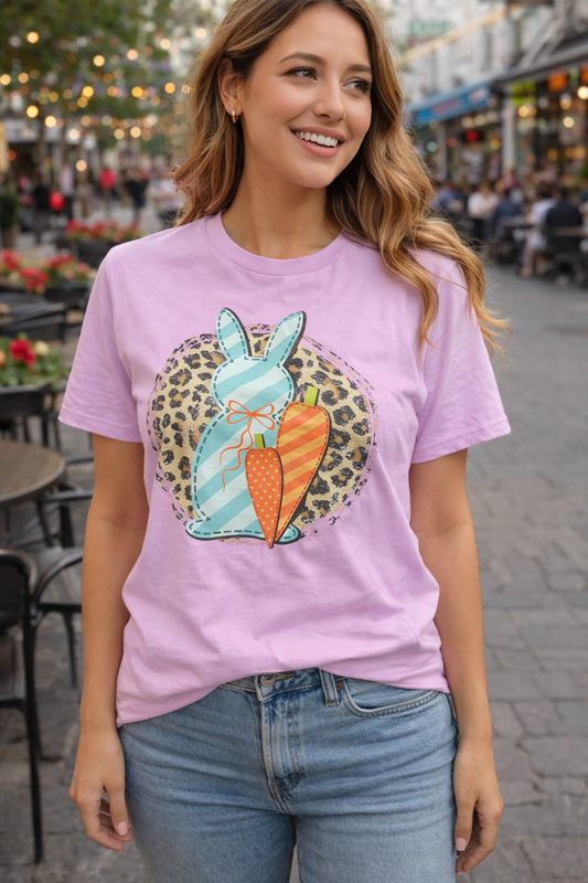 Pastel Bunny Graphic Tee with Leopard Print – Cute Easter & Spring T-Shirt for Women