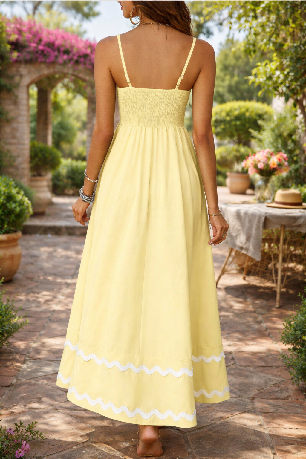 Lemon Yellow Midi Sundress with White Trim – Lightweight Summer Maxi Dress for Women