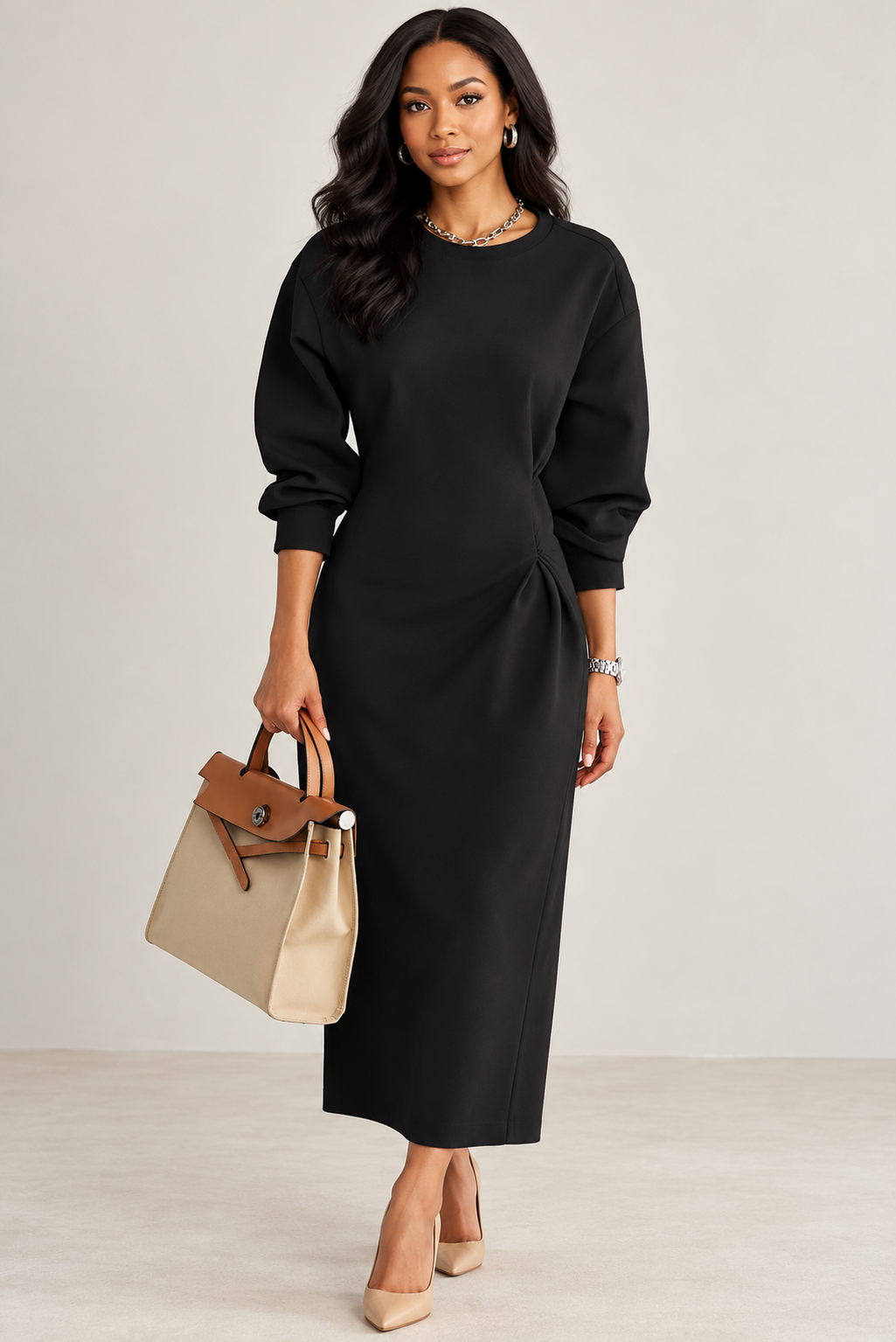 The Executive Elegance Black Midi Dress