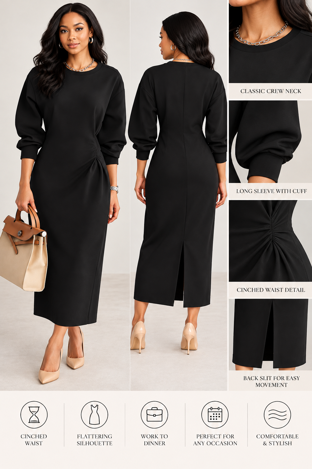 The Executive Elegance Black Midi Dress