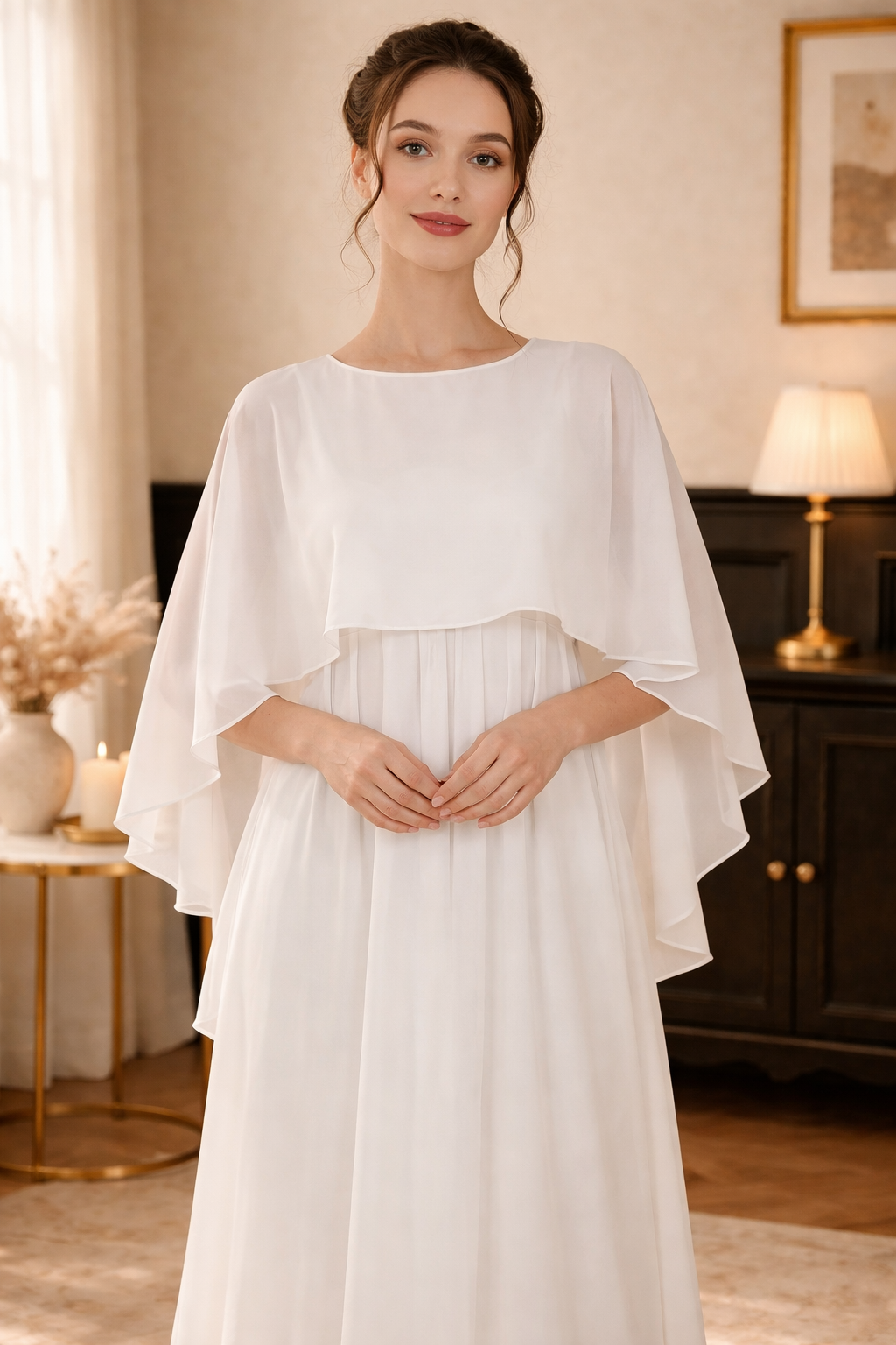 Elegant Sheer Chiffon Cape Shawl – Flowing Lightweight Shoulder Shawl - White