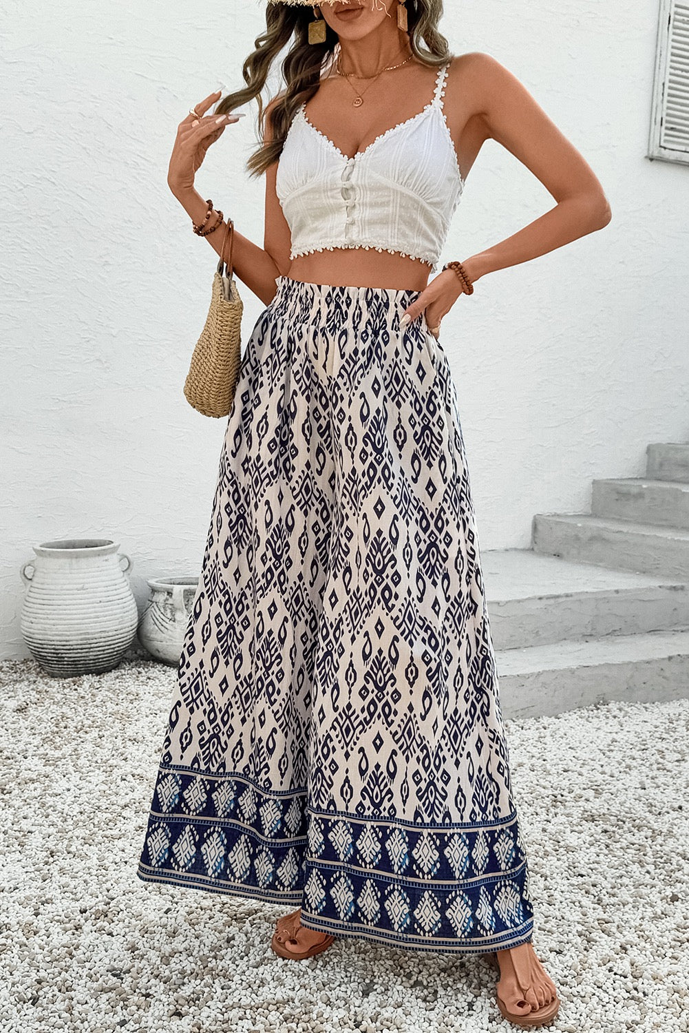 Boho Wide Leg Palazzo Pants for Women – Navy & Cream Tribal Print, Flowy Summer Resort Pants