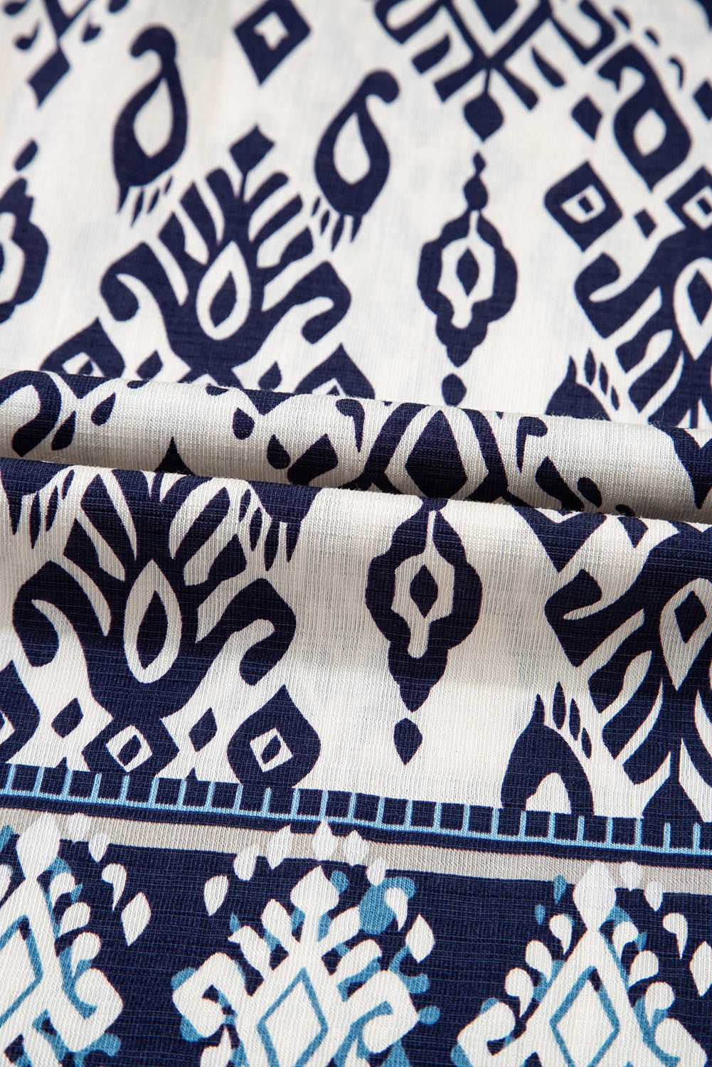 Boho Wide Leg Palazzo Pants for Women – Navy & Cream Tribal Print, Flowy Summer Resort Pants