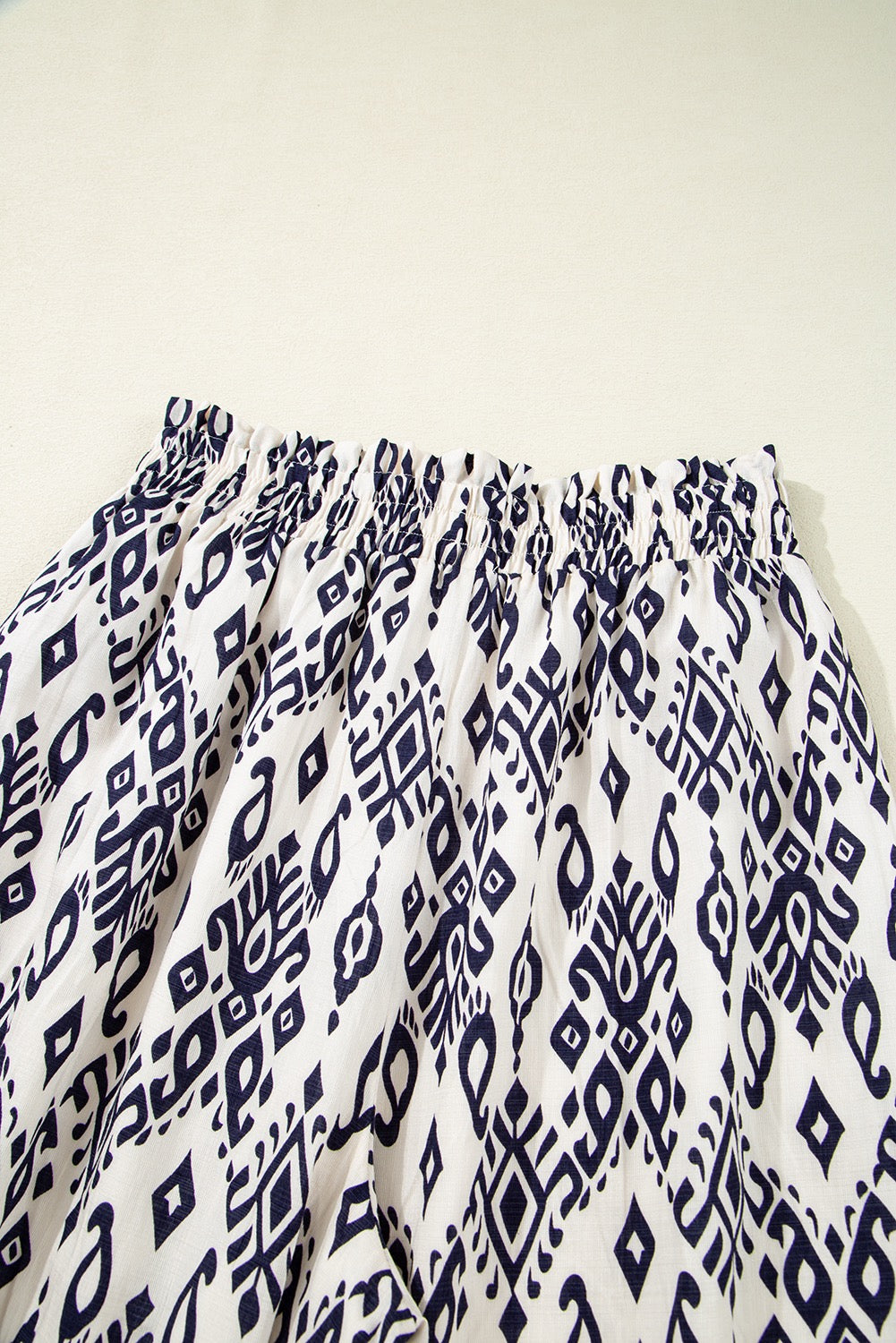 Boho Wide Leg Palazzo Pants for Women – Navy & Cream Tribal Print, Flowy Summer Resort Pants