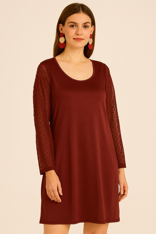Round Neck Sheer Long Sleeve Swiss Dot  Dress -Burgandy