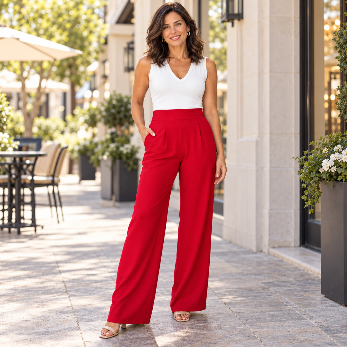 High-Waisted Pleated Wide-Leg Trousers – Classic Red Dress Pants
