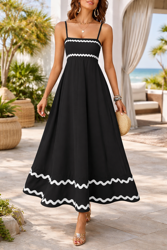 Elegant Black & White Wavy Trim Maxi Dress – Sleeveless A-Line  Dress for Women