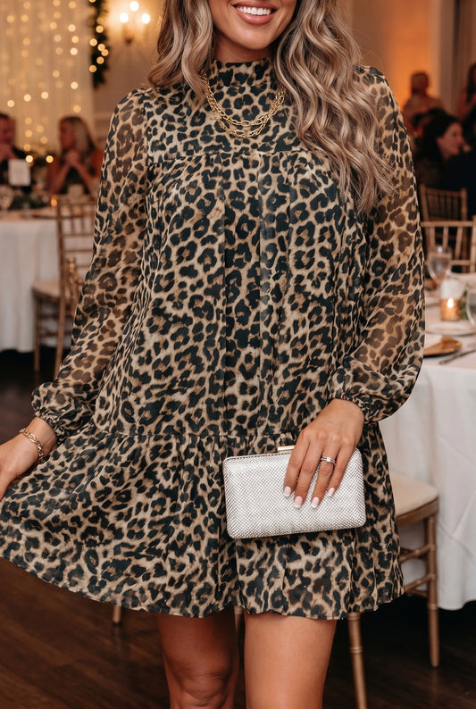 Wildly Chic Leopard Print Mock Neck Ruffle Mini Dress – Long Sleeve Flowy Women’s Dress
