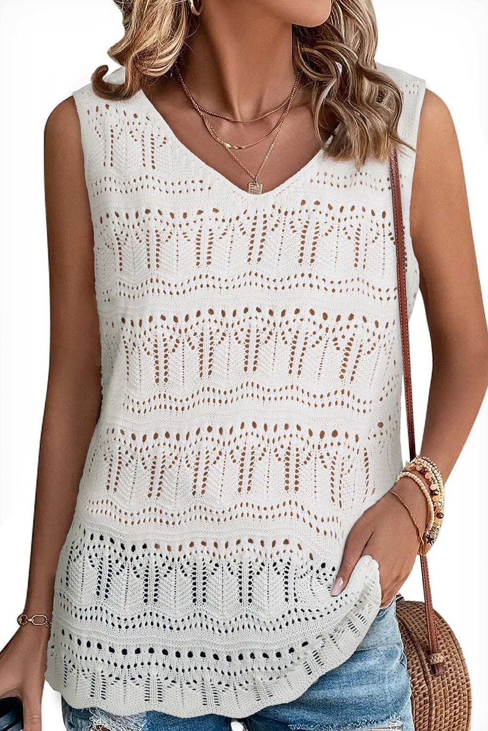 White Crochet Knit Tank Top – Sleeveless Boho Blouse for Women
