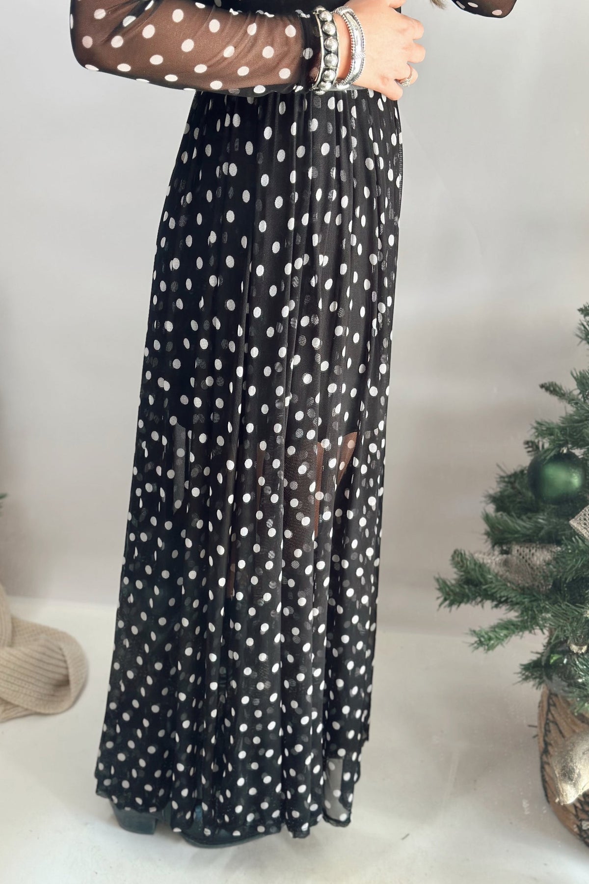 Black & White Polka Dot Mesh Maxi Dress | Women’s Two-Piece Dress