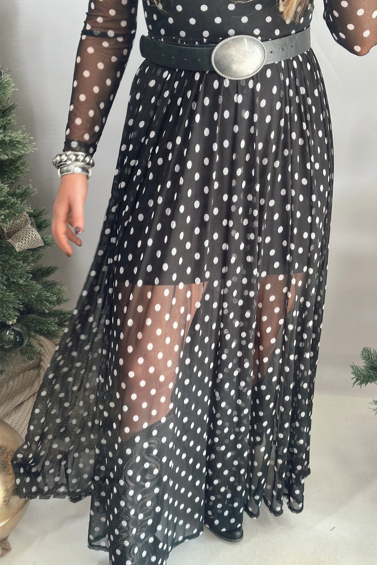 Black & White Polka Dot Mesh Maxi Dress | Women’s Two-Piece Dress