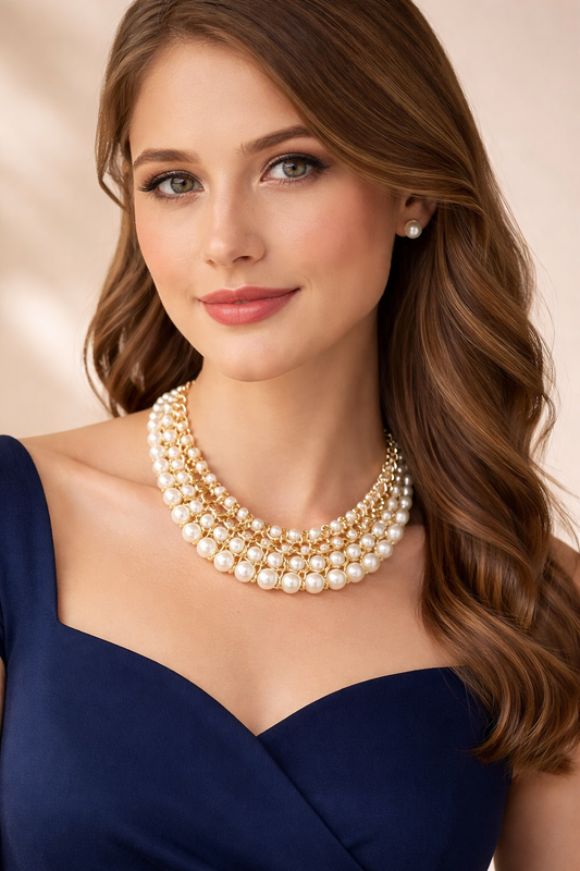 Gold Pearl Statement Necklace – Elegant Multi Strand Pearl Choker for Women, Wedding & Formal Jewelry