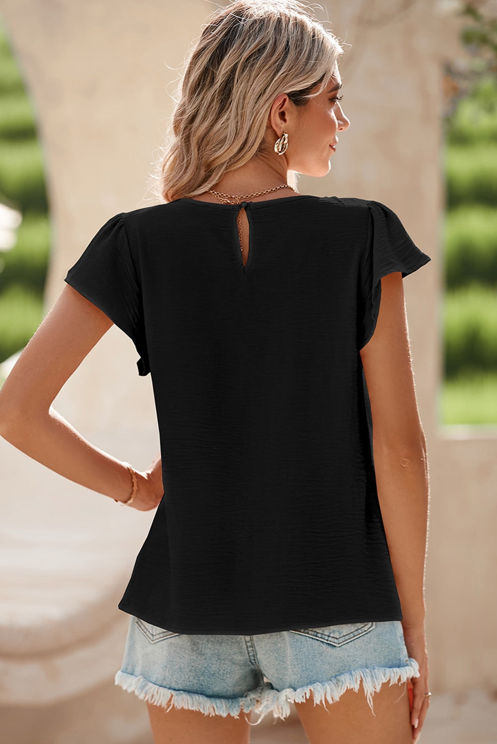 Black Flutter Sleeve Blouse – Lightweight Textured Casual Top for Women