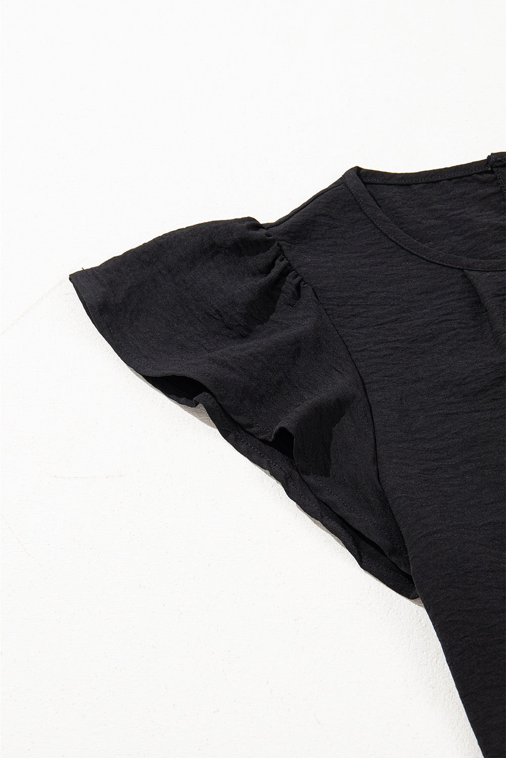 Black Flutter Sleeve Blouse – Lightweight Textured Casual Top for Women
