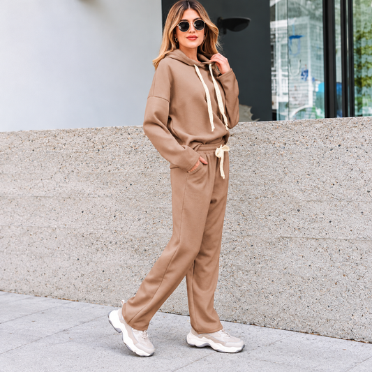 Women’s Mocha Ribbed Knit Hoodie & Pants Set