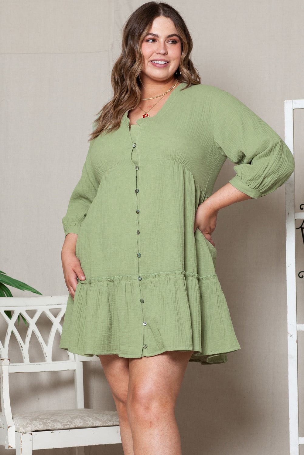 Sage Green Button-Front Babydoll Dress Curvy Fit, Flowy Tiered Mini Dress 3X (22w - 22W) Sage Green Button-Front Babydoll Dress Curvy Fit, Flowy Tiered Mini Dress 3X (22w - 22W)
