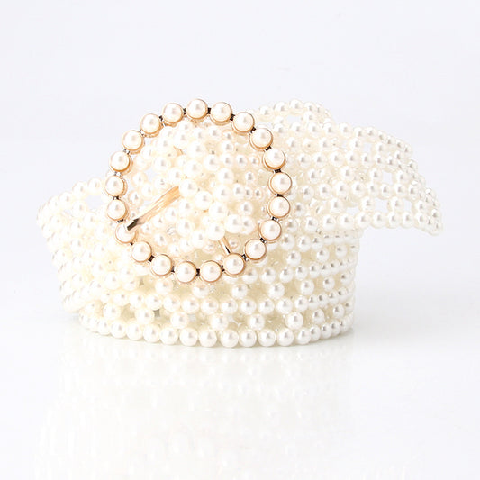 Elegant Pearl Waist Belt with Gold Buckle – Statement Belt