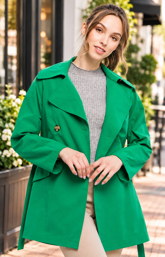Emerald Green Belted Trench Coat | Women’s Lightweight Statement Jacket