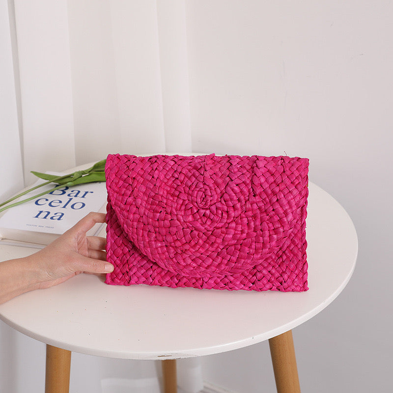 Straw Flap Clutch -Pink