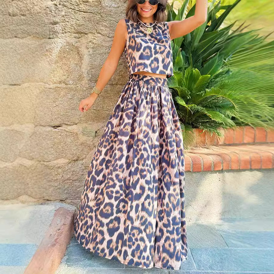Leopard Print Two-Piece Maxi Skirt Set with Open Back Tie Detail – Chic Resort Style Outfit for Women