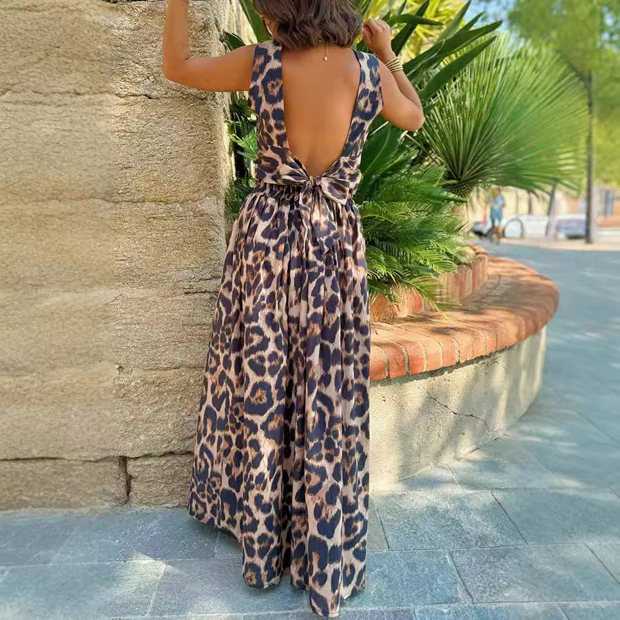 Leopard Print Two-Piece Maxi Skirt Set with Open Back Tie Detail – Chic Resort Style Outfit for Women